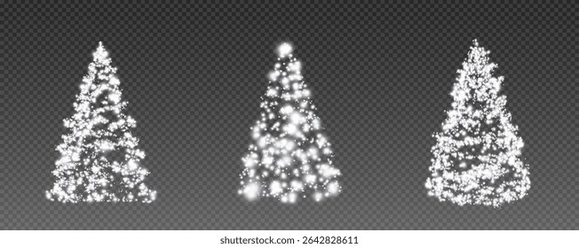 Christmas tree, sparkling lights in the shape of a fir tree on a transparent background. New Year tree made of glowing lights, gold, white, blue, green, vector, png.