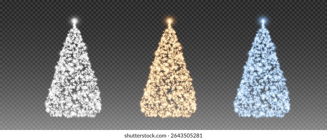 Christmas tree, sparkling lights in the shape of a fir tree on a transparent background. New Year tree made of glowing lights, gold, white, blue, green, vector, png.