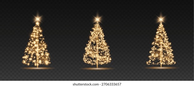 Christmas tree, sparkling lights in the shape of a fir tree on a transparent background. New Year tree made of glowing lights, gold, white, blue, green, vector, png.