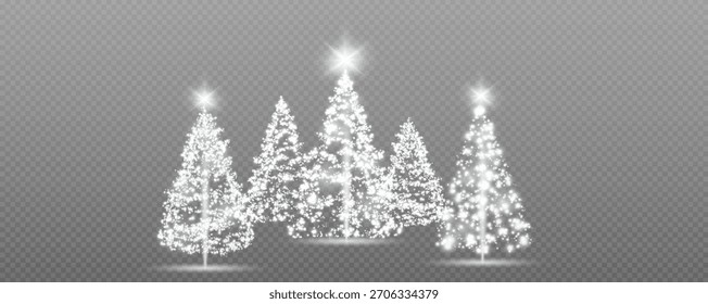 Árbol de Navidad, luces brillantes en forma de abeto sobre un fondo transparente. Árbol del año Nuevo hecho de luces brillantes, oro, blanco, azul, verde, Vector, png.