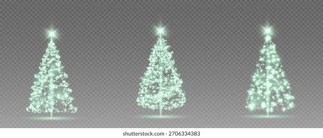 Christmas tree, sparkling lights in the shape of a fir tree on a transparent background. New Year tree made of glowing lights, gold, white, blue, green, vector, png.