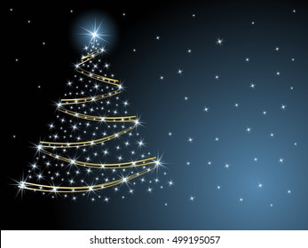 Christmas tree, sparkling stars. Vector illustration on dark blue background.