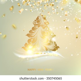 Christmas tree with sparks and confetti isolated over gray. Merry Christmas greeting card. Vector illustration. 