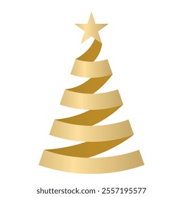 Christmas tree spiral ribbon decoration, color vector stylized illustration of a decorated Christmas tree in the form of a golden ribbon and star, isolated on white background