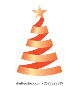 Christmas tree spiral ribbon decoration, color vector stylized illustration of a decorated Christmas tree in the form of a red ribbon and star, isolated on white background