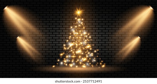 Christmas tree with spotlights on a brick background. Gold glitter stardust, sparkling particles.Christmas tree.Vector illustration.