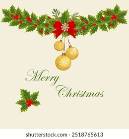 Christmas tree spruce branch with yellow toys and red ribbon. Merry Christmas calligraphy text. Stock vector art isolated on white background