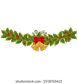 Christmas tree spruce branch with yellow jingle bells and red ribbon. Stock vector art isolated on white background