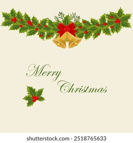 Christmas tree spruce branch with yellow jingle bells and red ribbon. Merry Christmas calligraphy text. Stock vector art isolated on white background