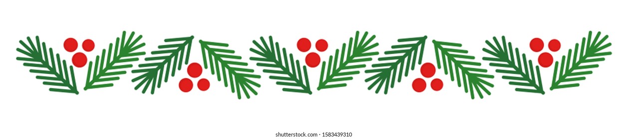 Christmas tree spruce branches and red berries border. Vector illustration.