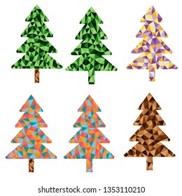 Christmas tree spruce low poly style contour vector set green, brown and multicolored colors
