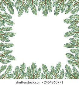 Christmas tree square frame for greeting card congratulations on new year, merry christmas. Christmas Larch, Pine evergreen tree. Hand drawn flat style isolated on white. Vector illustration