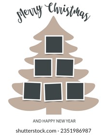 Christmas tree with square Photo frames. Empty photo cards Mockup. Six black templates for greeting cards, collage, presentation, congratulations, albums. Winter celebration composition. 