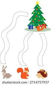 Árbol de navidad, ardilla, conejo, ardilla y caja de regalo sobre fondo blanco