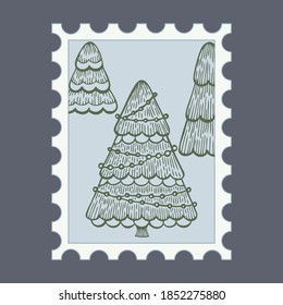 Christmas tree. Christmas stamps with holiday Vintage illustration. Postage stamp frames. Vector 