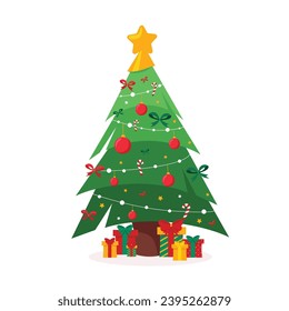 Christmas tree with star and ball. green tree collection.