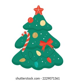 Christmas tree with a star, balloons and lights. A green fir or pine tree decorated with glowing garlands and a red ribbon.