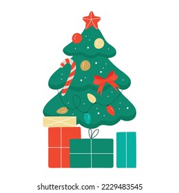 Christmas tree with a star, balloons and lights. A green fir or pine tree decorated with gift boxes, glowing garlands and a red ribbon.