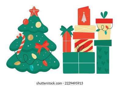 Árbol de Navidad con estrella, globos y luces. Un abeto verde o un pino decorado con cajas de regalo, guirnaldas brillantes y una cinta roja.