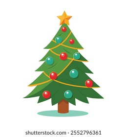 Árvore de Natal com uma estrela, bolas e guirlandas isoladas em um fundo branco. Ilustração vetorial de Ano Novo. Pode ser usado em web design, publicidade, redes sociais e impressão.
