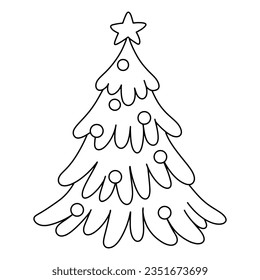 Árbol de Navidad con estrella y bolas aisladas en fondo blanco. Esbozo vectorial linda ilustración para libro de coloración infantil