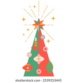 Christmas tree with star and balls on transparent background.Symbol of New Year,Merry Christmas holiday celebration.Xmas tree modern trendy design.Colorful vector illustration geometric style.EPS10.