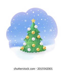 Christmas tree with star and baubles isolated on winter snowy background. New year decorative element in realistic style. Vector illustration of sweet cake in shape of Xmas tree.