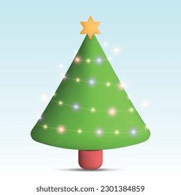 Christmas tree with star and colored lights. Clay style cartoon. 3D vector illustration isolated on blue background.