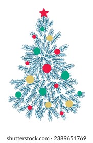 Christmas tree with star and colorful Christmas balls. Hand drawn vector illustration.