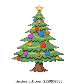 Christmas tree with star and colorful baubles. Cartoon illustration