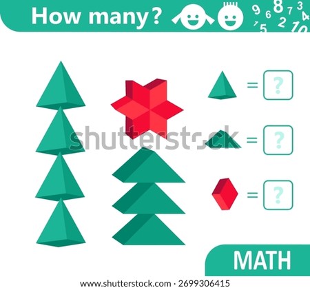 Christmas tree and star. Counting math game for kids. Geometric shapes fir tree. Educational mathematics puzzle. Count how many geometric shapes are in the picture and write the result. Vector 