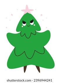 Christmas tree with star. Cute character in cartoon style.