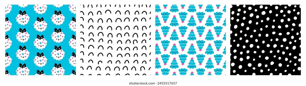 Christmas tree with star. Christmas Cute Pattern Set. Simple doodle dot seamless pattern