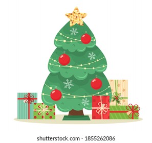 Christmas tree with a star decorated with Christmas balls, under which there are gifts. Vector illustration.