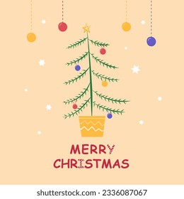 Christmas tree with a star and decorations. Merry Christmas Vector illustration in flat style.