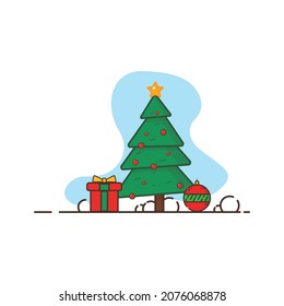 Christmas tree with a star and decorations on a white background. A box with a gift. The concept of New Year and Christmas. Gifts from Santa Claus.