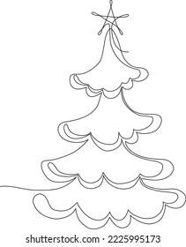 Christmas tree with star drawn one continuous line, editable strokes. Christmas concept.
