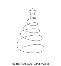 Christmas tree with star drawn in one continuous line. One line drawing, minimalism. Vector illustration.