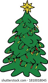 Christmas tree with star and garlands of light bulbs hand drawn doodle. single element for design icon, sticker, card, poster. minimalism, new year, holiday, party, lights, decorations, cute