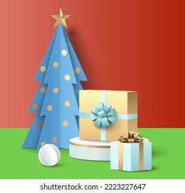 Christmas tree with star and gift vector. Origami fir decorated to Merry Xmas and Happy New Year. Decoration bauble ball, present box with surprise illustration for greeting card in paper cut style