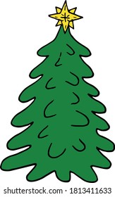 Árbol de Navidad con doodle dibujado a mano por la estrella. elemento único para el icono de diseño, pegatina, tarjeta, afiche. minimalismo, año nuevo, vacaciones, fiesta, lindo