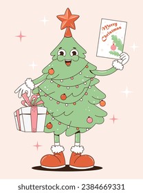 Christmas tree with a star in the hands of a gift and greeting card. Cartoon character in the popular 70s groove style. Merry Christmas and Happy New Year.