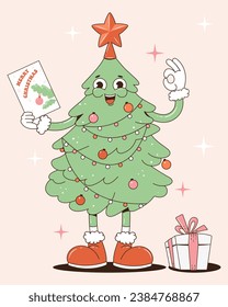 Christmas tree with a star in the hands of a gift and greeting card. Cartoon character in the popular 70s groove style. Merry Christmas and Happy New Year.