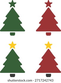 Árbol de navidad con los iconos de la estrella, Vector mínimo plano, verde rojo amarillo