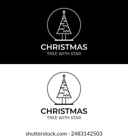 Árbol de Navidad con una estrella dentro del globo de nieve en diseño de logotipo de boceto simple