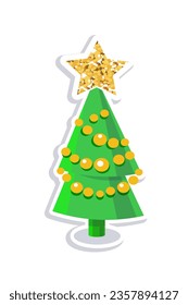 Árbol de Navidad con estrella aislada en fondo blanco. Ilustración del vector de color con elementos dorados. Icono decorativo para el diseño.