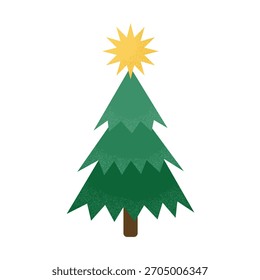 Christmas tree with star  isolated on white background. Minimalistic tree with grain texture. Merry Christmas and Happy New Year tree. Flat design. Vector illustration 