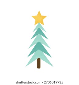 Árbol de Navidad con estrella aislado sobre fondo blanco. Árbol minimalista con textura de grano. Feliz Navidades y feliz año Nuevo árbol. Diseño plano. Ilustración vectorial 