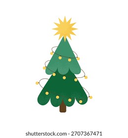 Árbol de Navidad con estrella aislado sobre fondo blanco. Árbol minimalista con textura de grano. Feliz Navidades y feliz año Nuevo árbol. Diseño plano. Ilustración vectorial 