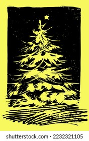  christmas tree with  star, lights. Merry Christmas and a happy new year. lino print style black and white lineart vector illustration.